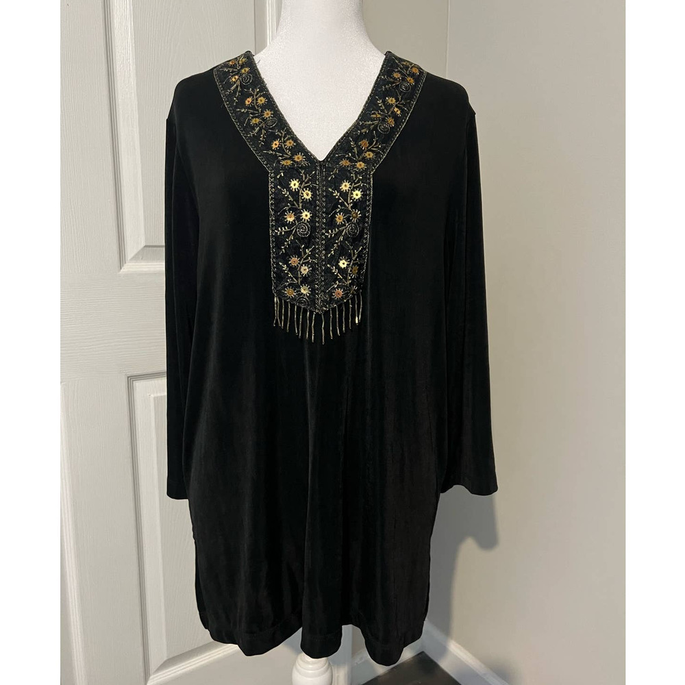 SLINKY BRAND V Neck Beaded‎ Stretch Long Sleeve Black Tunic Blouse Size Large